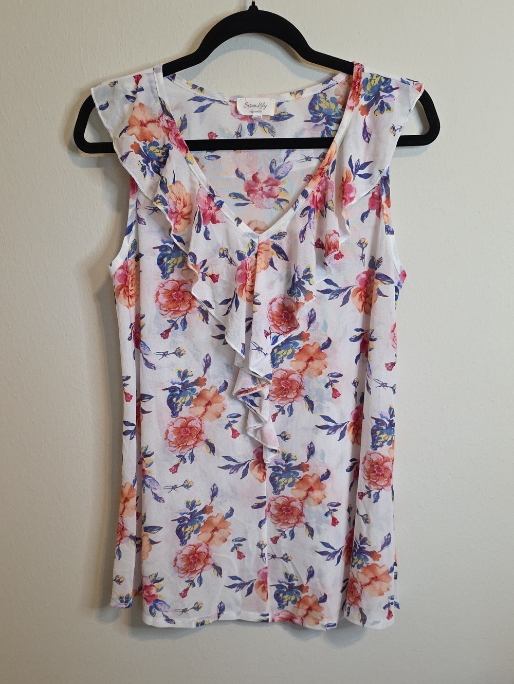 Siren Lily White Maternity Top with Pink and Blue Floral Print